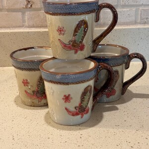 St. Nicholas Square Pottery Ranch Western Cowboy Christmas Mugs Coffee Cups Set of 4
