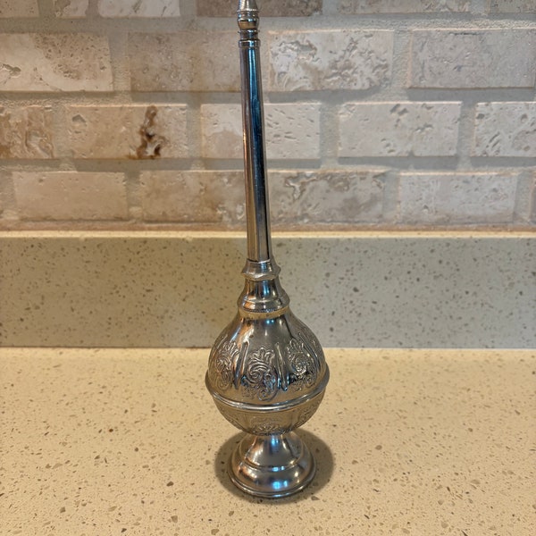 Moroccan Ornate Silver Metal Rose Water Sprinkler Perfume 10” Round Bottle