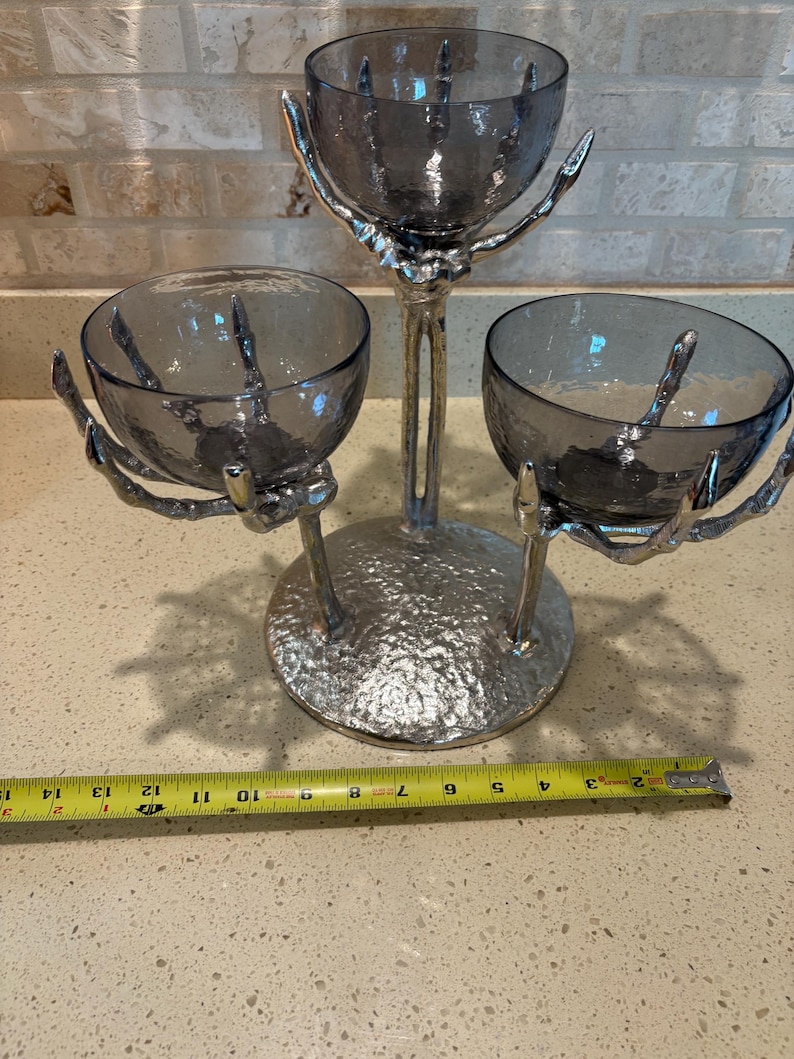 Metal Silver Skeleton Hand Triple Condiment Candy Server Stand - Thumbnail 2