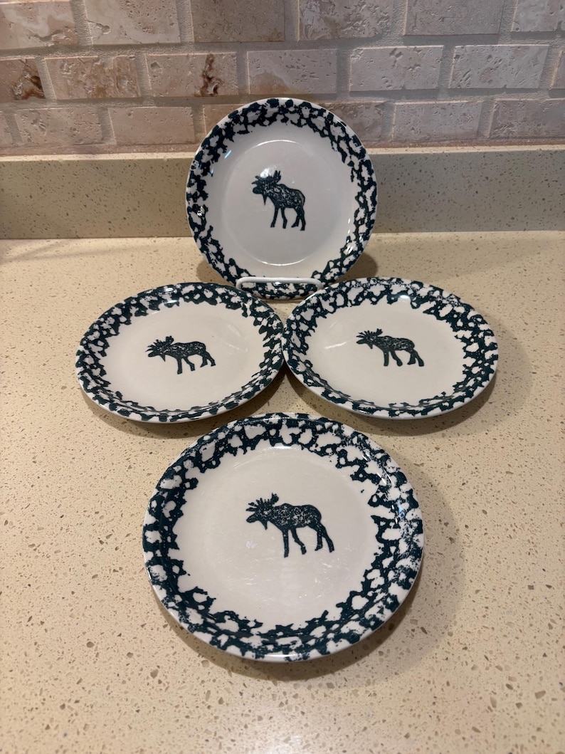 Tienshan Folk Craft Moose Country Dessert Plates 7 3/4” Green Sponge Set of 4