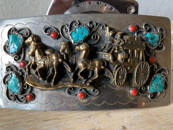 Silver brass Stagecoach Pioneer Western Turquoise… - image 3