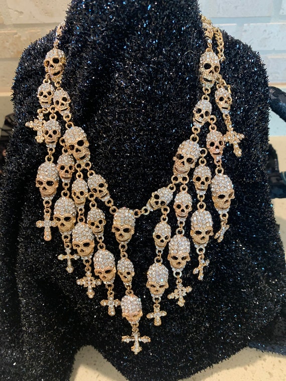 Gold  and rhinestone skull necklace