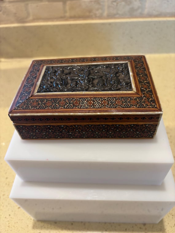 Khatam Box Persia Historic Silver Figurative Top Inlaid Marquetry