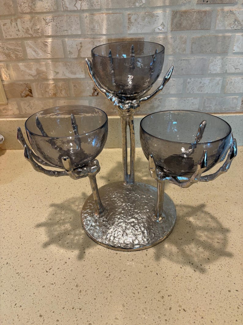 Metal Silver Skeleton Hand Triple Condiment Candy Server Stand - Thumbnail 3