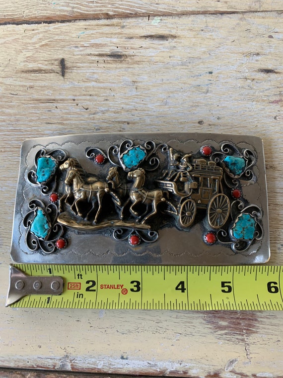 Silver brass Stagecoach Pioneer Western Turquoise… - image 7