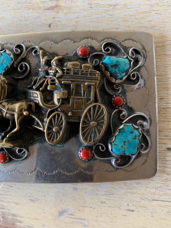 Silver brass Stagecoach Pioneer Western Turquoise… - image 8