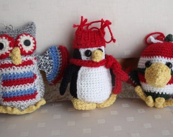 Crochet bird and owl ornaments