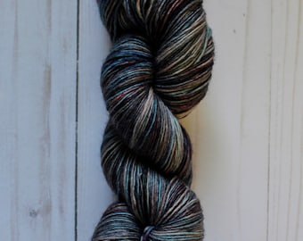 Handdyed yarn / Superwash Merino / Fingering Weight / Rustic Base/ Blue, Black, Copper, Grey / "Pebble Beach"