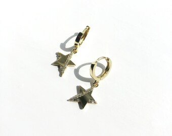 Gold Plated Star Hoop earrings Mini Gold Plated Dangle Cluster Hoop Earrings with Cubic Zirconia Gems