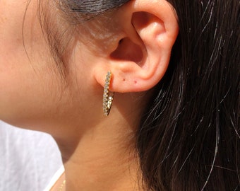 Gold Cubic Zirconia Huggies Hoop Earrings / Gold Plated / CZ earrings
