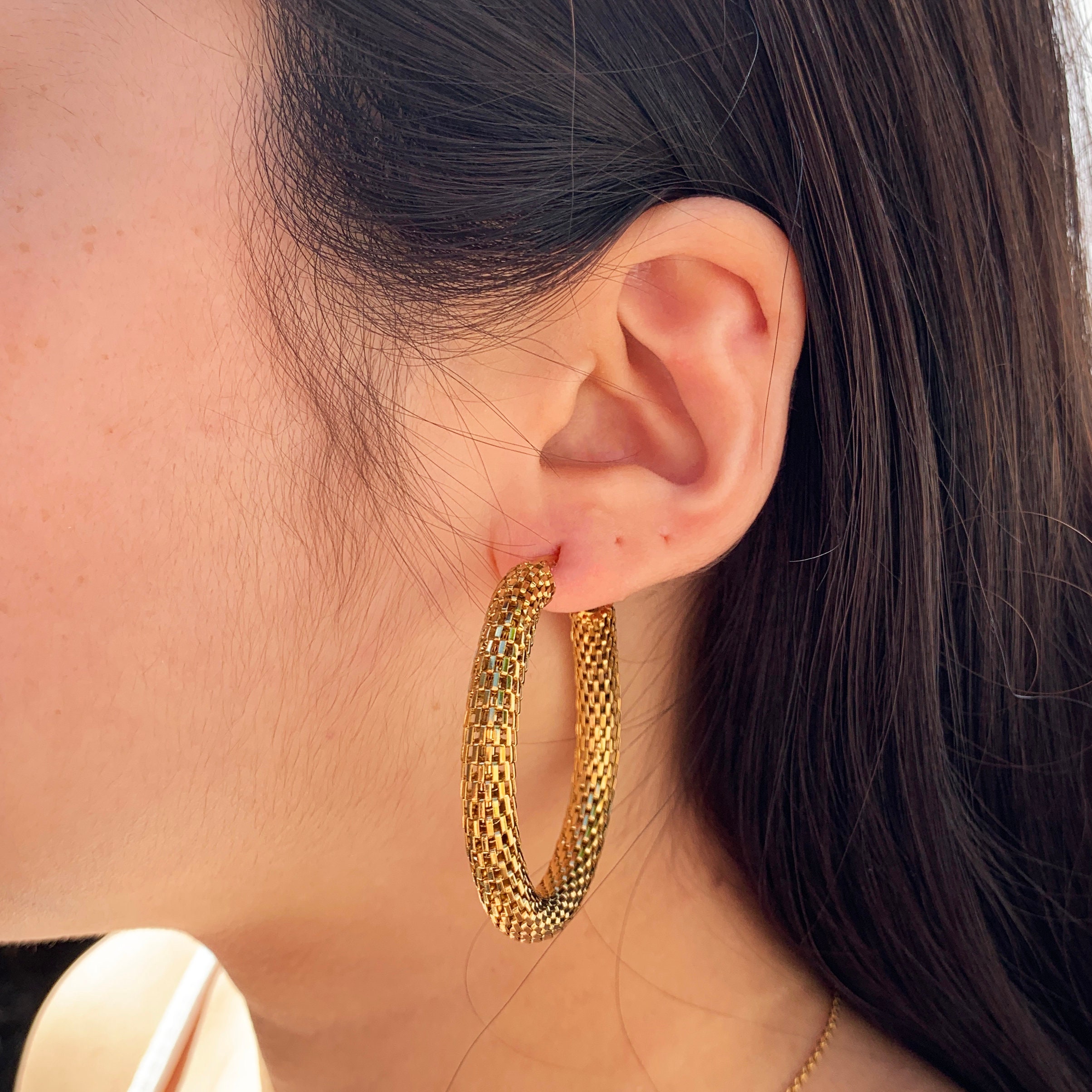 Gold mesh hoop earrings outlet