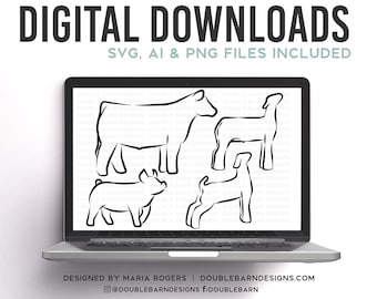 Livestock Line Art Bundle: Show Pig, Lamb, Goat, Steer (Digital Download)