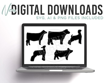 Livestock Silhouette Set Digital Download | Steer - Heifer - Lamb - Goat - Pig | SVG - AI - PNG