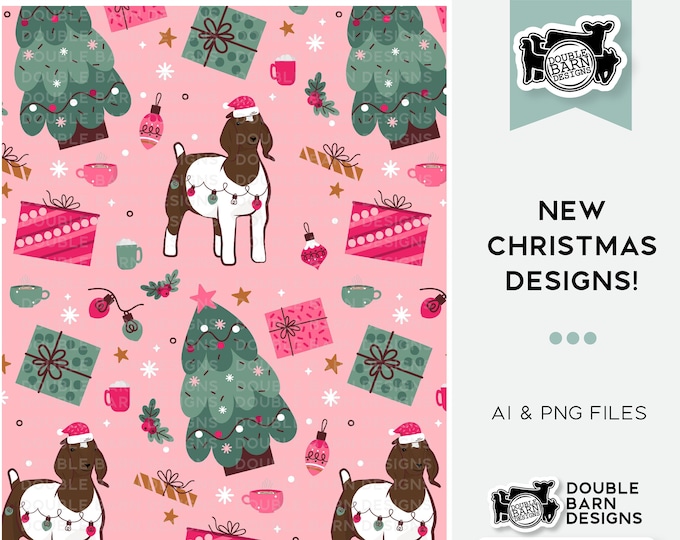 Pink Christmas Goat Seamless Pattern - PNG JPG Ai Files Included | Commercial Use