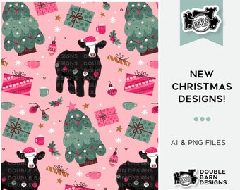 Pink Christmas Cattle Seamless Pattern - PNG JPG Ai Files Included | Commercial Use