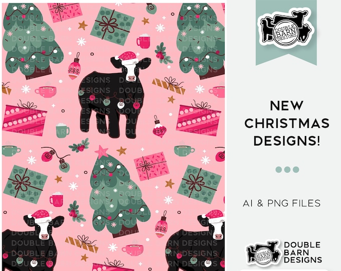 Pink Christmas Cattle Seamless Pattern - PNG JPG Ai Files Included | Commercial Use