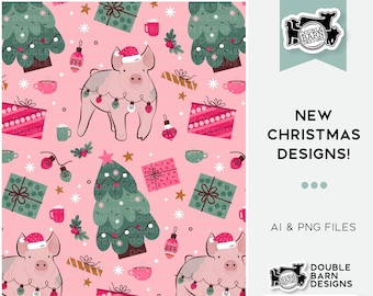 Pink Christmas Pig Seamless Pattern - PNG JPG Ai Files Included | Commercial Use