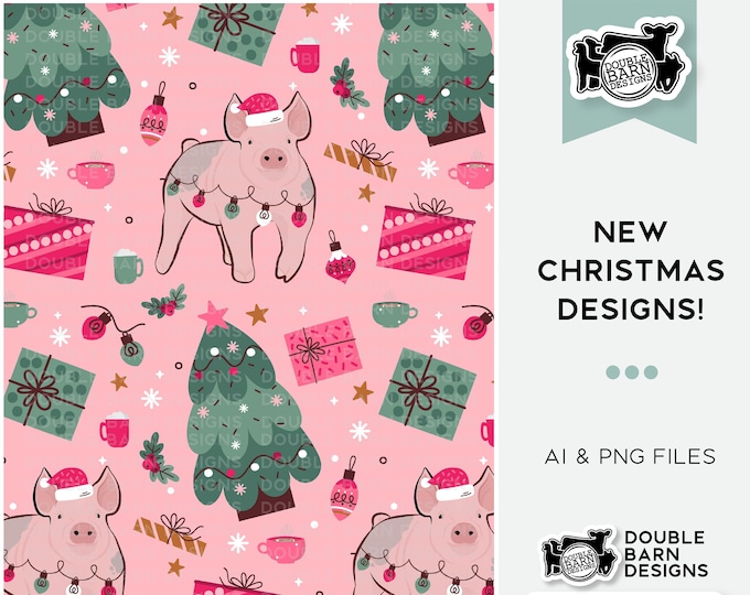 Pink Christmas Pig Seamless Pattern - PNG JPG Ai Files Included | Commercial Use