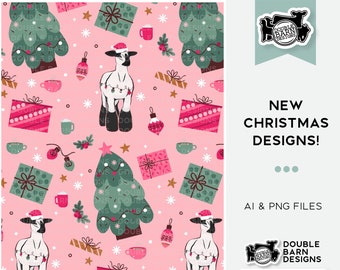 Pink Christmas Lamb Seamless Pattern - PNG JPG Ai Files Included | Commercial Use