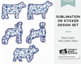 Royal Blue Floral Livestock Pattern: Pig, Lamb, Steer, Goat (PNG File)