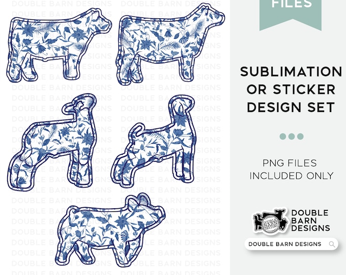 Royal Blue Floral Livestock Pattern: Pig, Lamb, Steer, Goat (PNG File)