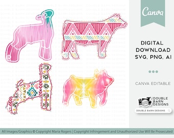 Aztekisk Tie Dye-boskap PNG: Utställningsgris, lamm, stut, get (digital nedladdning)