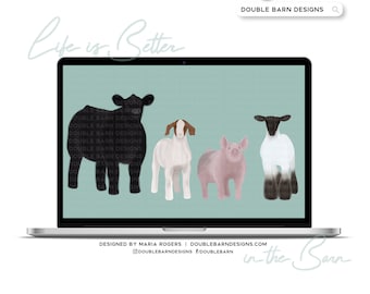 Watercolor Farm Animals: Steer, Pig, Lamb, Goat (Digital Download)