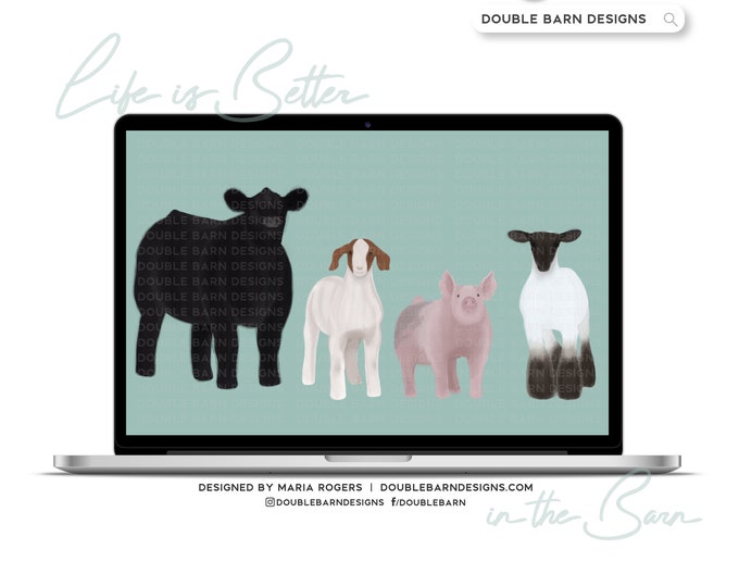 Watercolor Farm Animals: Steer, Pig, Lamb, Goat (Digital Download)