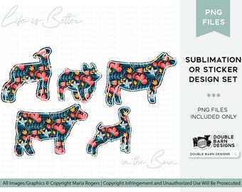 Floral Steer, Pig, Lamb, and Goat Digital Download Sublimation/Sticker Design Set | Commercial Use