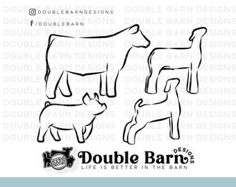 Livestock Line Art Bundle: Show Pig, Lamb, Goat, Steer (Digital Download)