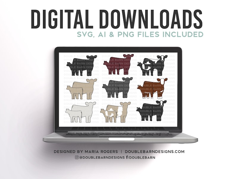 May include: A digital download of eight different cow silhouettes in various colors, including black, white, brown, and red. The cows are in different poses, including standing, walking, and lying down. The text "DIGITAL DOWNLOADS" is at the top of the image, and the text "SVG, AI & PNG FILES INCLUDED" is below it. The text "DESIGNED BY MARIA ROGERS | DOUBLEBARNDESIGNS.COM" is at the bottom of the image, and the text "@DOUBLEBARNDESIGNS f/DOUBLEBARN" is below it.