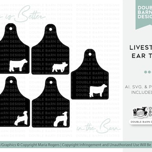 May include: Black and white ear tag templates for livestock. The tags feature a variety of animals, including cows, pigs, and sheep. The text on the tags reads "Double Barn Designs".