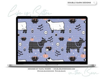 Witch Ghost Cattle Seamless Pattern: Halloween Digital Paper (PNG JPG Ai SVG Files)