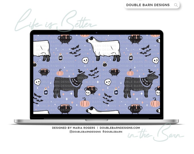 Witch Ghost Cattle Seamless Pattern: Halloween Digital Paper (PNG JPG Ai SVG Files)