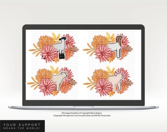 Fall Florals Livestock Clipart: Steer, Lamb, Pig, Goat (PNG Ai Files)