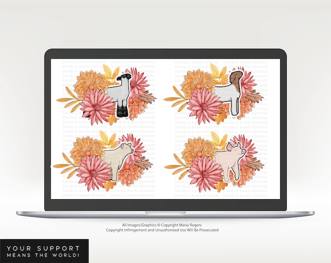 Fall Florals Livestock Clipart: Steer, Lamb, Pig, Goat (PNG Ai Files)