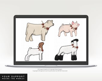 Fall Farm Animals Clip Art: Steer, Lamb, Pig, Goat (PNG Ai Files)