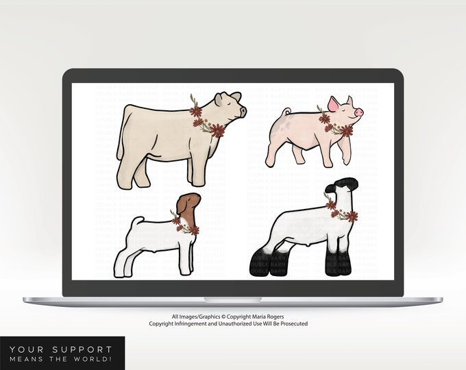 Fall Farm Animals Clip Art: Steer, Lamb, Pig, Goat (PNG Ai Files)