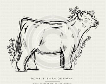 Blommig skiss av Show Steer | Ny | ENDAST PNG-FIL | Digital fil, sublimering