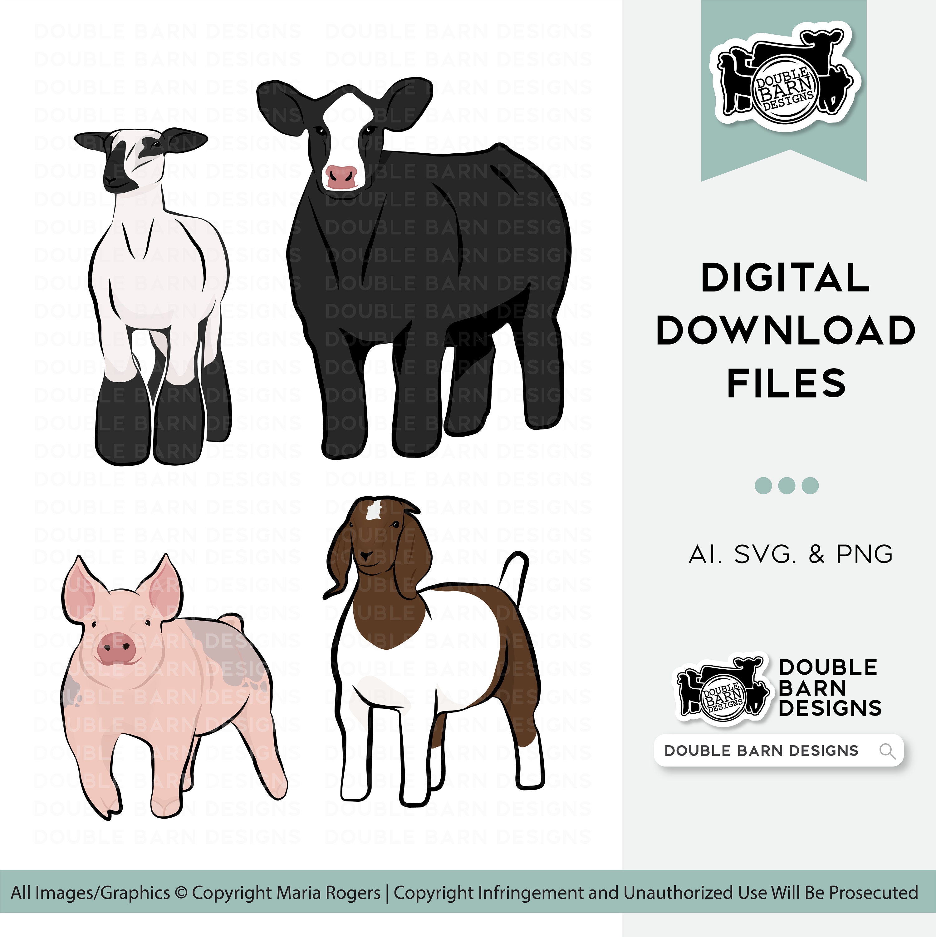 Livestock Line Art Bundle: Show Pig, Lamb, Goat, Steer (Digital Download)