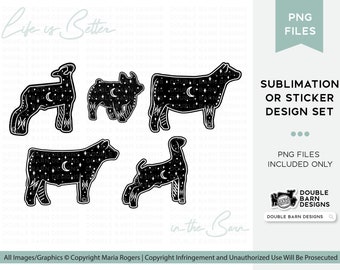 Starry Night Farm Animals PNG: Steer, Pig, Lamb, Goat (Digital Download)
