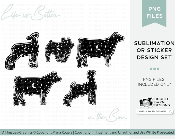 Starry Night Farm Animals PNG: Steer, Pig, Lamb, Goat (Digital Download)