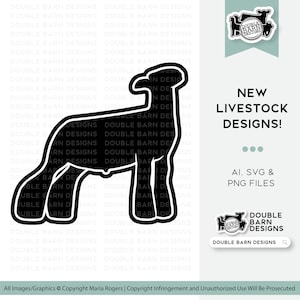 May include: Black and white outline of a sheep, part of a new livestock design collection. The image includes the text "NEW LIVESTOCK DESIGNS!" and "AI. SVG & PNG FILES."