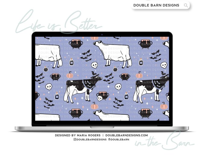 Halloween Cow Seamless Pattern: Witch Ghost Design (PNG JPG Ai SVG Files)