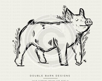 Blommig skiss av gris | Ny | ENDAST PNG-FIL | Digital fil, sublimering