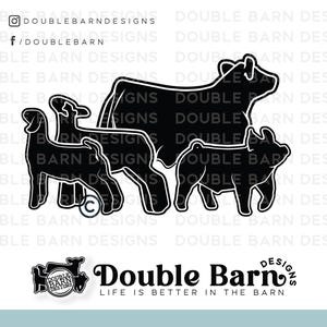 May include: Black and white line art of farm animals, including a cow, pig, and sheep. The image includes the text "Double Barn Designs" and the tagline "Life is Better in the Barn."