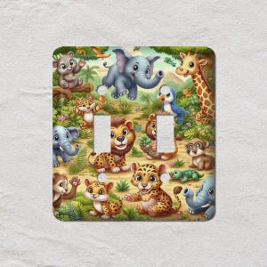 Children&#39;s Jungle Safari Light Switch Cover, Oversized Wall Plate, Outlet Cover, Metal Wall Plates, Lion Giraffe Elephant, ANIMAL021