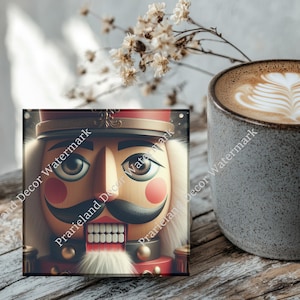 Christmas Decoration, Christmas Nutcracker Soldier , Coaster Set, Tempered Glass Coaster with Rubber Feet, 4 in x 4 in, Set of 4, XMAS005