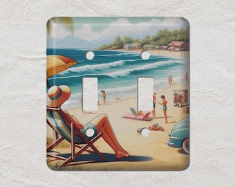 Retro Beach Scene Metal Light Switch Cover, Oversized Wall Plates, UL Listed, CSA Approved