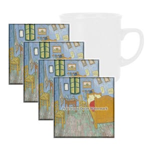 Bedroom in Arles by Van Gogh Coaster Set, Tempered Glass Coaster with Rubber Feet, 4 in x 4 in, Set of 4, FAMART028